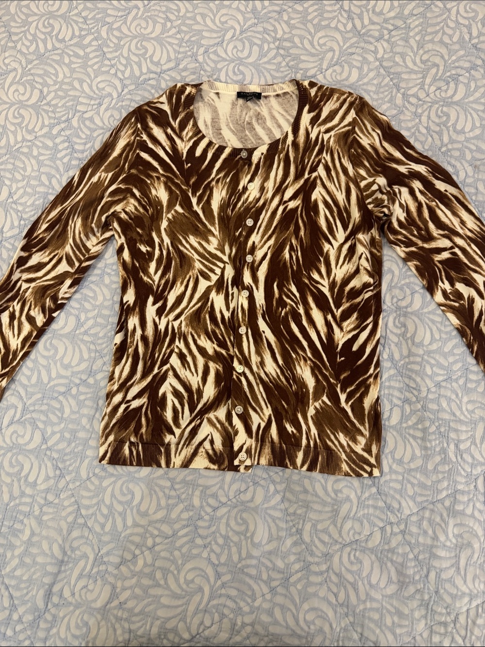 Talbots size Medium Brown and Cream Printed Button-Up Cardigan - Women Tops